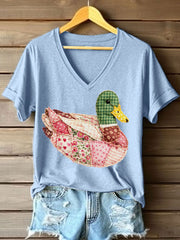 Women's Vintage Patchwork Mallard Duck Pattern V-Neck T-Shirt