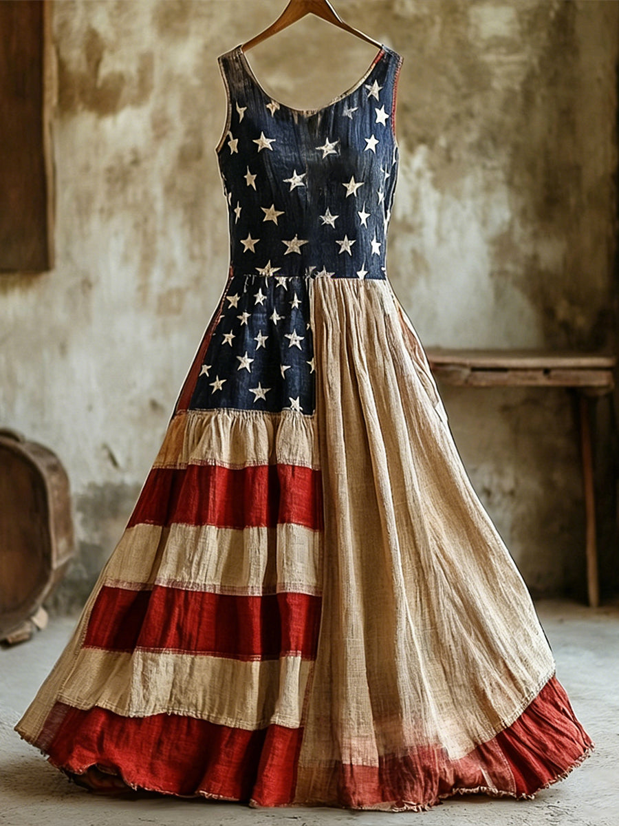 Women's American Flag Inspired Linen Sleeveless Dress gracestitchs