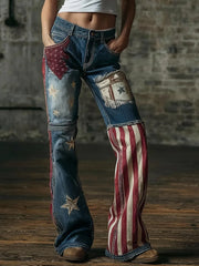 Women's American Flag Inspired Print Vintage Washed Jeans gracestitchs