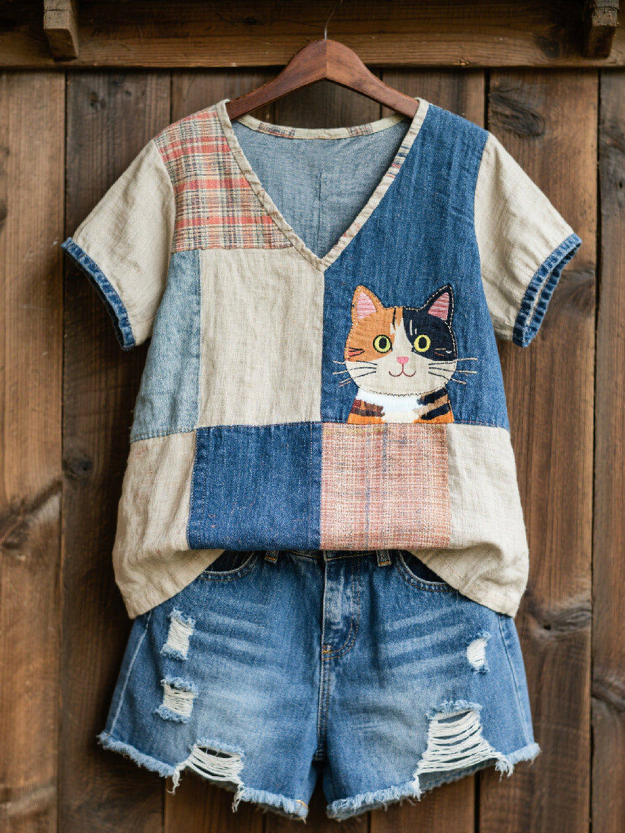 Women's Lovely Cat Pattern Patchwork Art V-Neck Top gracestitchs