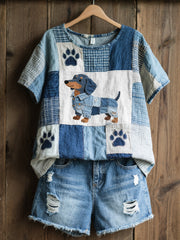 Women's Lovely Dachshund Pattern Patchwork Art Top gracestitchs