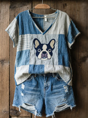 Women's Lovely French Bulldog Pattern Patchwork V-Neck Top gracestitchs