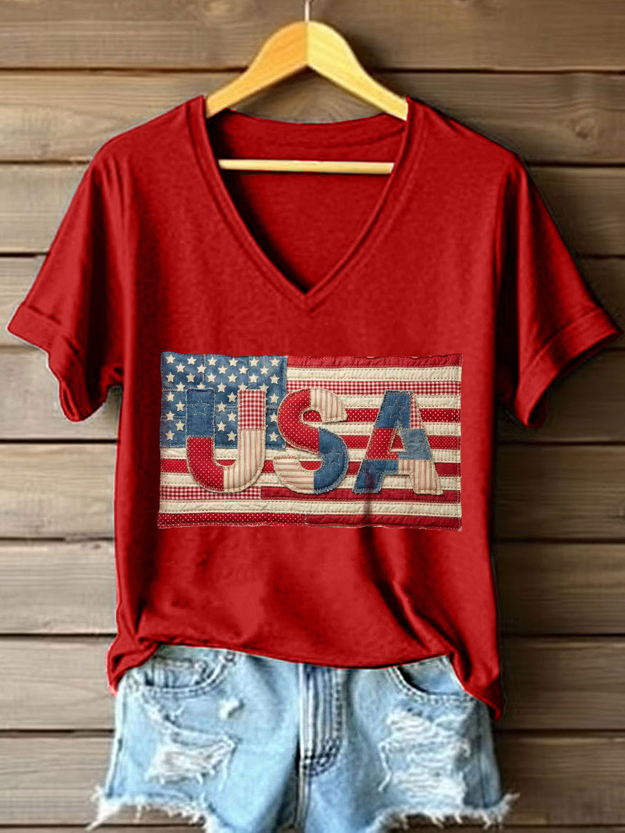 Women's USA Patchwork Art V-Neck T-Shirt gracestitchs