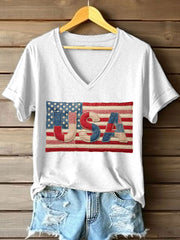Women's USA Patchwork Art V-Neck T-Shirt gracestitchs
