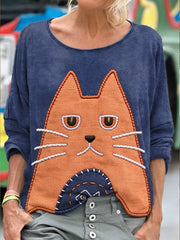 Women's Cute Cat Patchwork Art Printed Sweatershirt gracestitchs