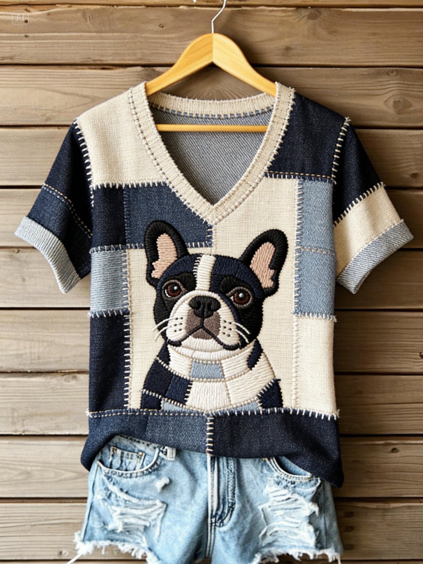 Women's Vintage Canvas Dog Patchwork Printed V-neck T-shirt gracestitchs