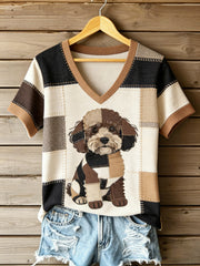 Women's Vintage Canvas Dog Patchwork Printed V-neck T-shirt gracestitchs