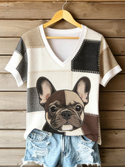 Women's Vintage Canvas Dog Patchwork Printed V-neck T-shirt gracestitchs