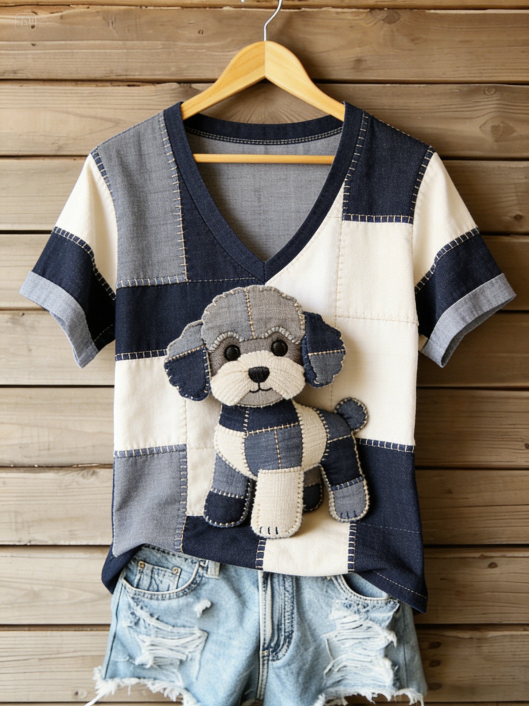 Women's Vintage Canvas Dog Patchwork Printed V-neck T-shirt gracestitchs
