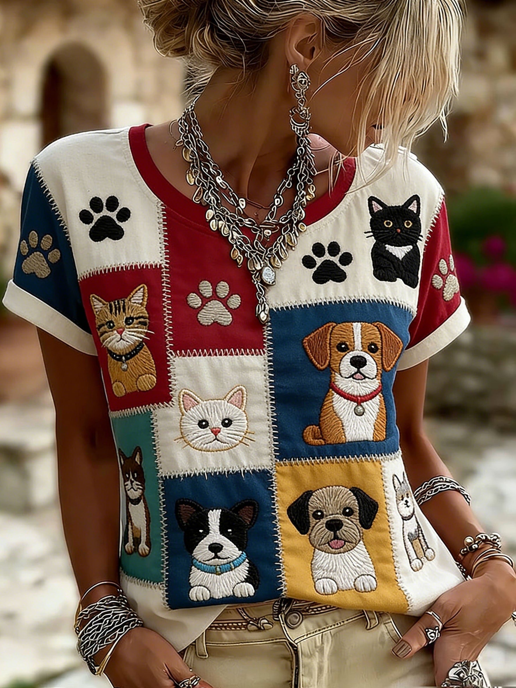 Women's Cat and Dog Print Casual T-Shirt gracestitchs