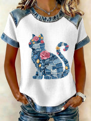 Women's Cat and Floral Print Casual T-Shirt gracestitchs