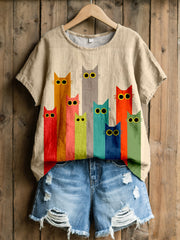 Women's Lovely Cat Art Print Linen Blend T-Shirt gracestitchs