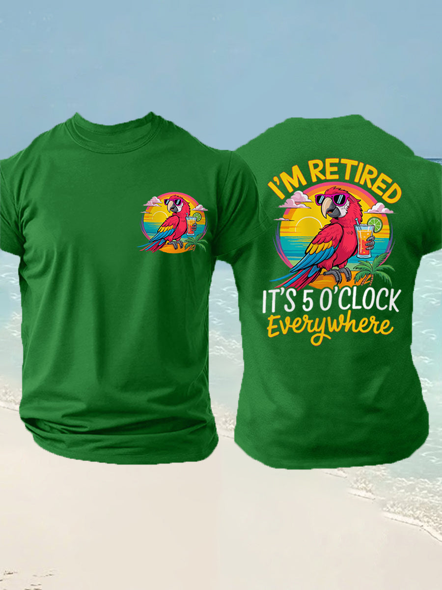 Men's I'm Retired It's 5 O'clock Everywhere Parrot Print Casual Tee gracestitchs