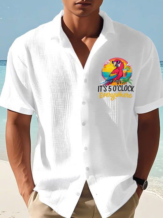 Men's It's 5 O'clock Somewhere Parrot Print Casual Waffle Short-Sleeve Shirt gracestitchs