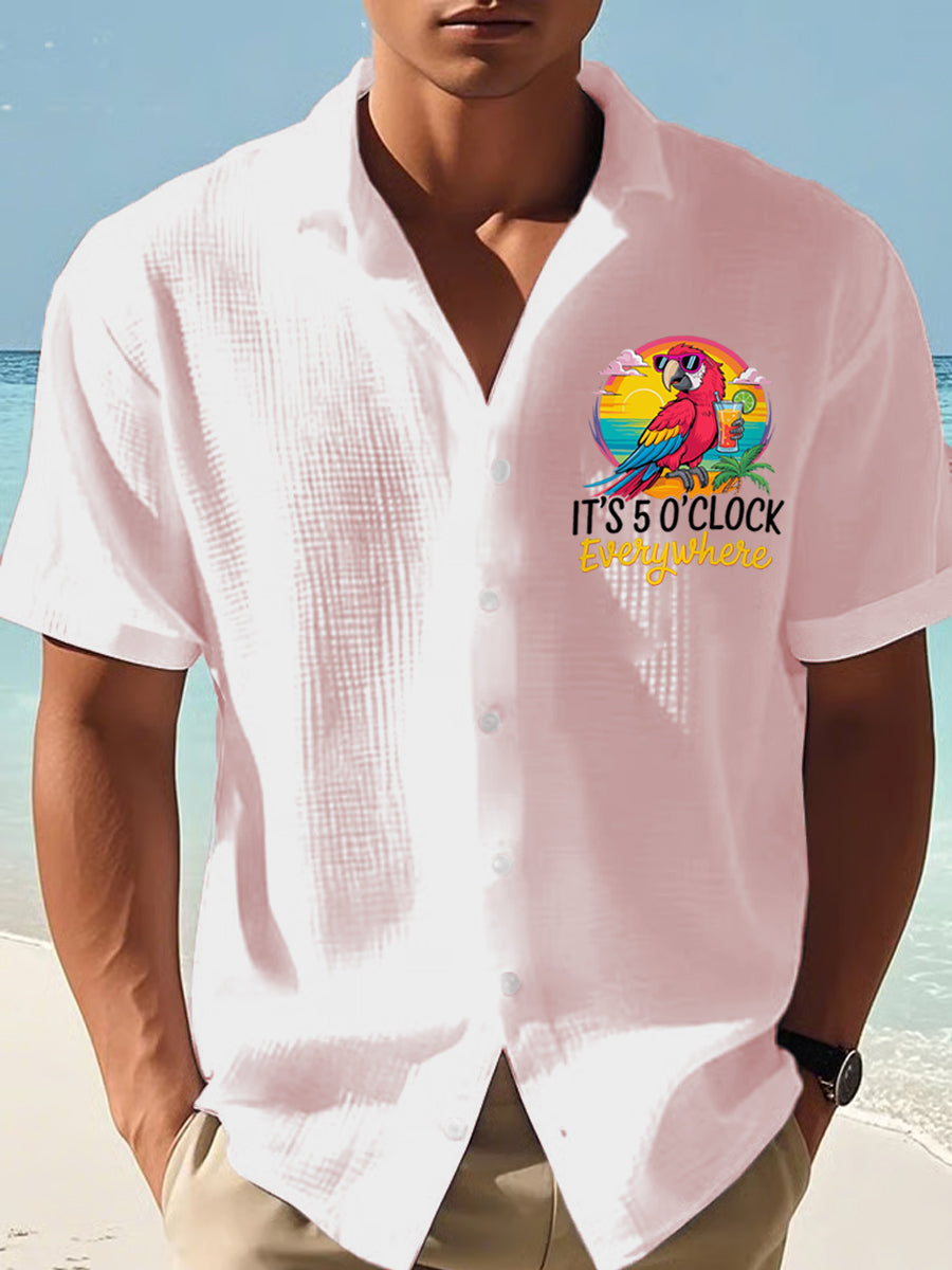 Men's It's 5 O'clock Somewhere Parrot Print Casual Waffle Short-Sleeve Shirt gracestitchs