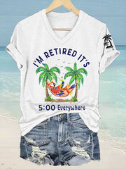 Women's I'm Retired It's 5 O'clock Everywhere Parrot Print Casual V-Neck Tee gracestitchs