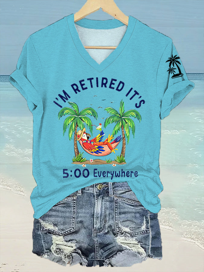 Women's I'm Retired It's 5 O'clock Everywhere Parrot Print Casual V-Neck Tee gracestitchs