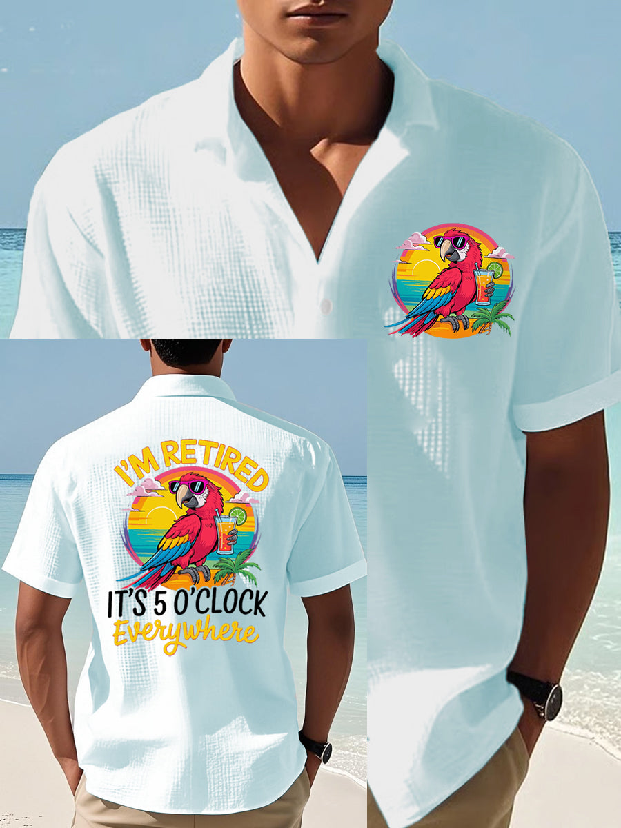 Men's I'm Retired It's 5 O'clock Everywhere Parrot Print Casual Waffle Short-Sleeve Top gracestitchs