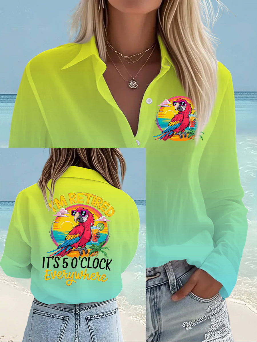 Women's I'm Retired It's 5 O'clock Everywhere Parrot Print Casual Shirt gracestitchs
