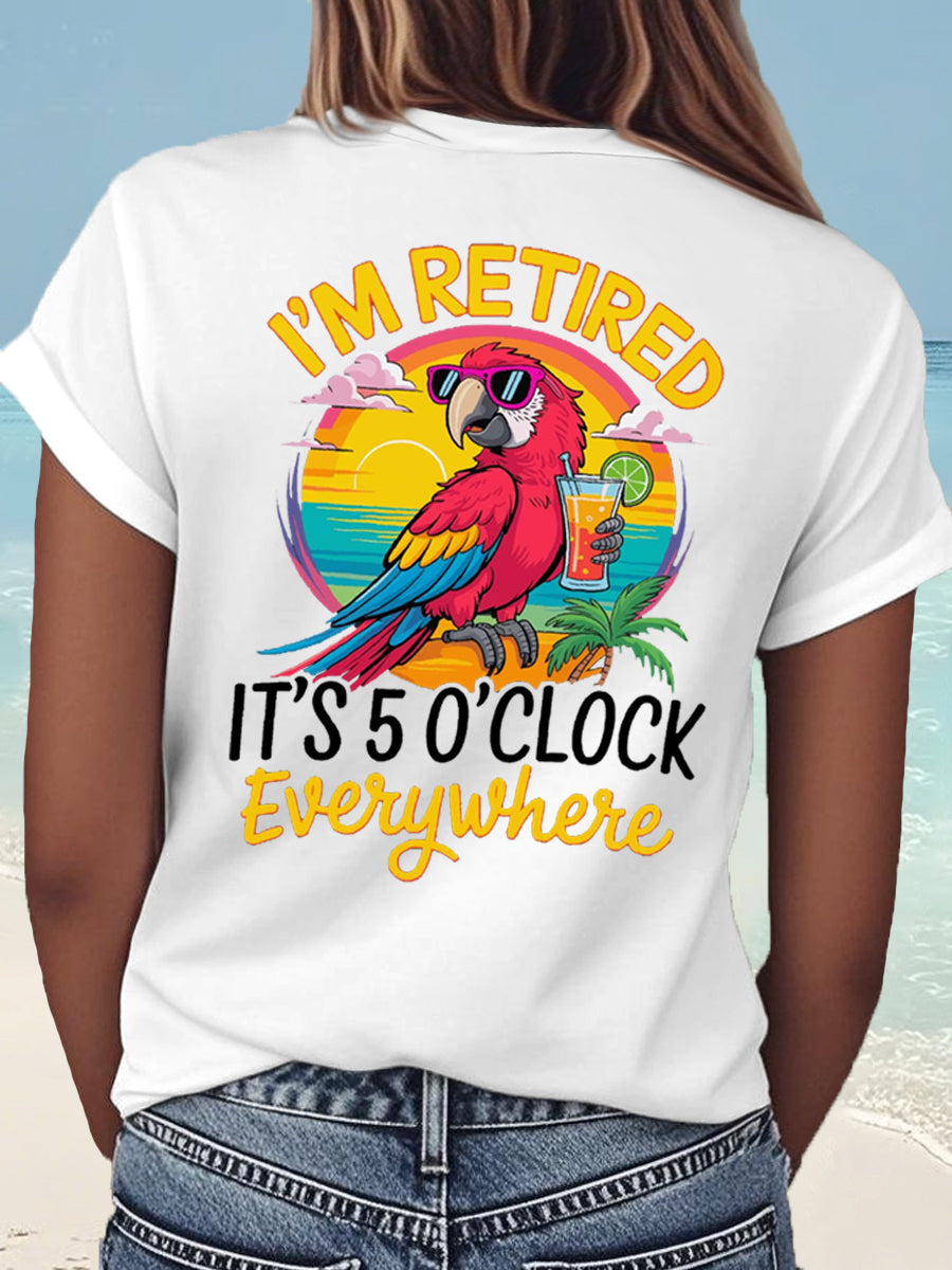 Women's I'm Retired It's 5 O'clock Everywhere Parrot Print Casual Tee gracestitchs