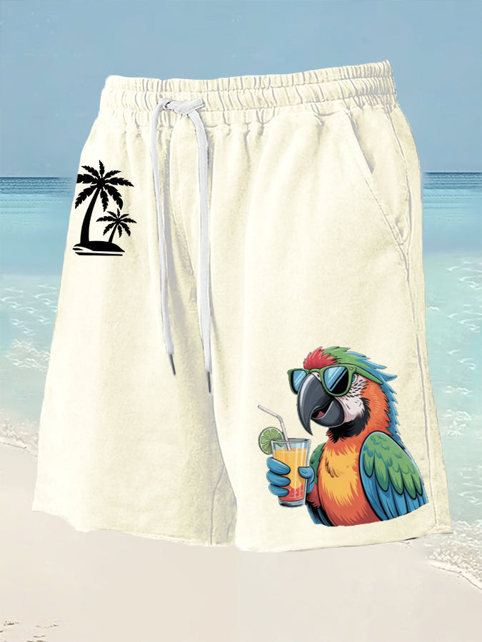 Men's It's 5 O'clock Somewhere Parrot Palm Print Casual Shorts gracestitchs