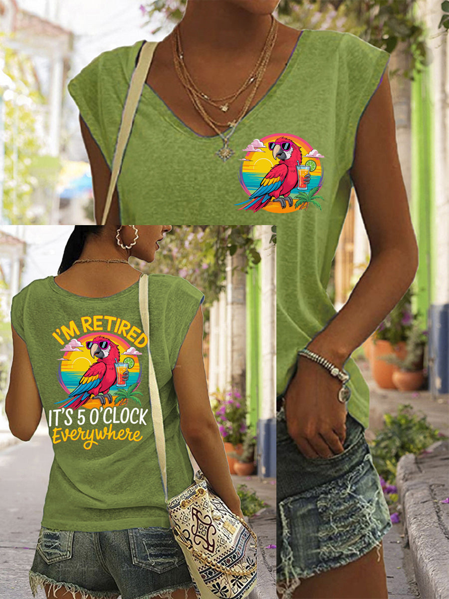 Women's I'm Retired It's 5 O'clock Everywhere Parrot Print Casual Sleeveless T-Shirt gracestitchs