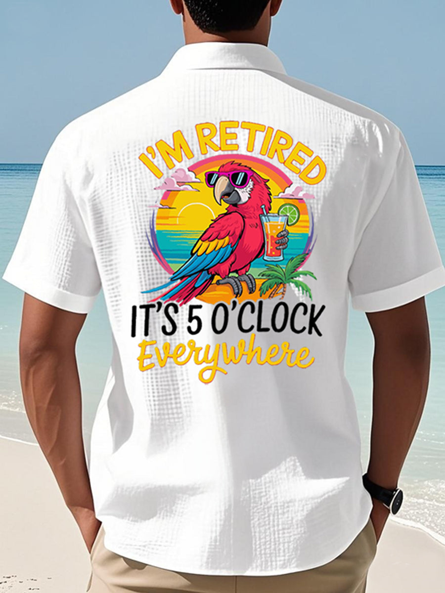 Men's I'm Retired It's 5 O'clock Everywhere Parrot Print Casual Waffle Short-Sleeve Top gracestitchs