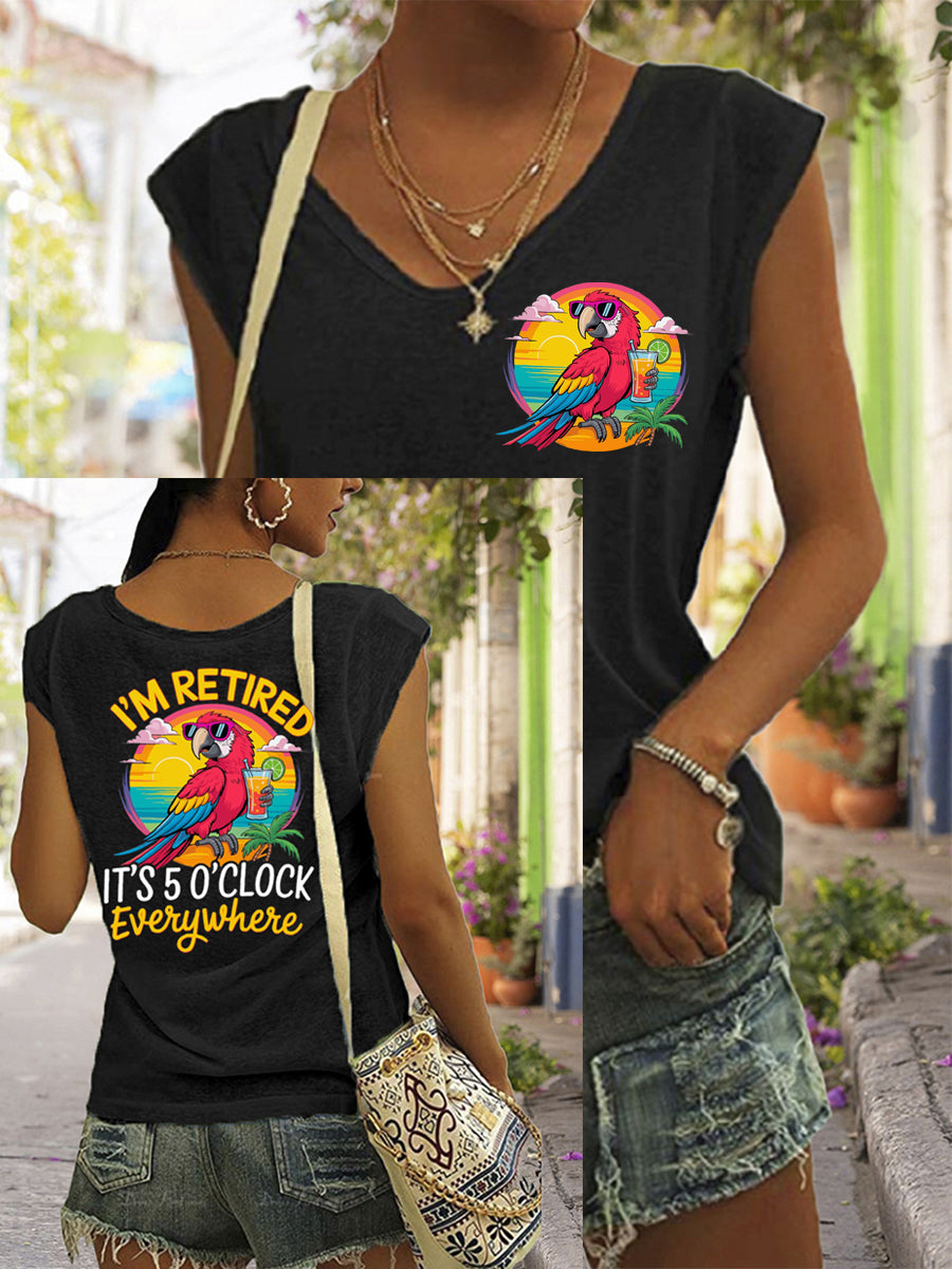 Women's I'm Retired It's 5 O'clock Everywhere Parrot Print Casual Sleeveless T-Shirt gracestitchs