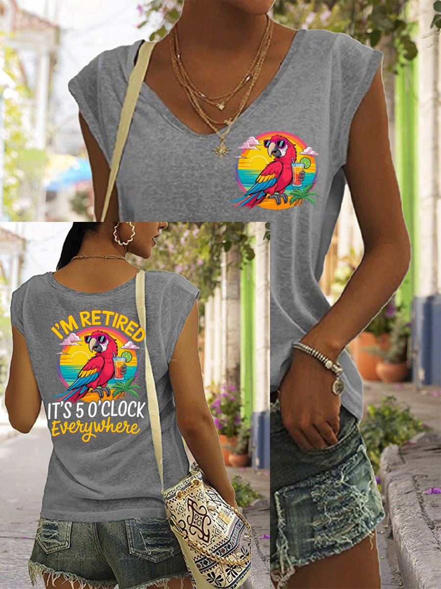 Women's I'm Retired It's 5 O'clock Everywhere Parrot Print Casual Sleeveless T-Shirt gracestitchs