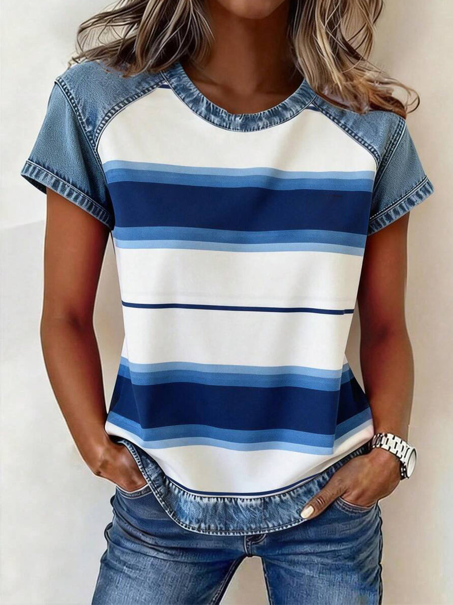 Women's Striped Print Denim Patchwork Top gracestitchs