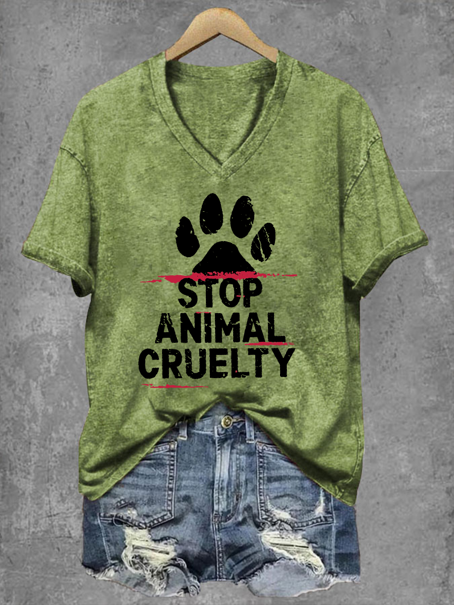 Women's Stop Animal Cruelty Print V-Neck T-Shirt gracestitchs