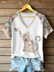 Women's Wildflowers Cat Print Casual T-Shirt gracestitchs