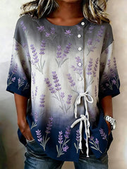 Women's Purple Flora Art Buttoned And Linen Blend Shirt gracestitchs