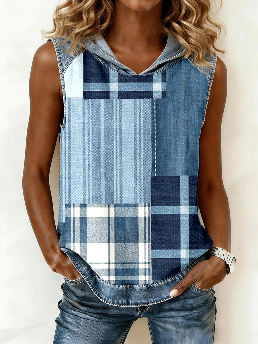 Women's Blue Plaid Pattern Denim Patchwork Hooded Top gracestitchs