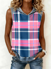 Women's Plaid Print Denim Patchwork Hooded Top gracestitchs