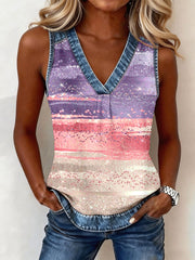Women's Color-Blocked Pattern Denim Patchwork Top gracestitchs