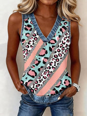 Women's Leopard Print Denim Patchwork Top gracestitchs