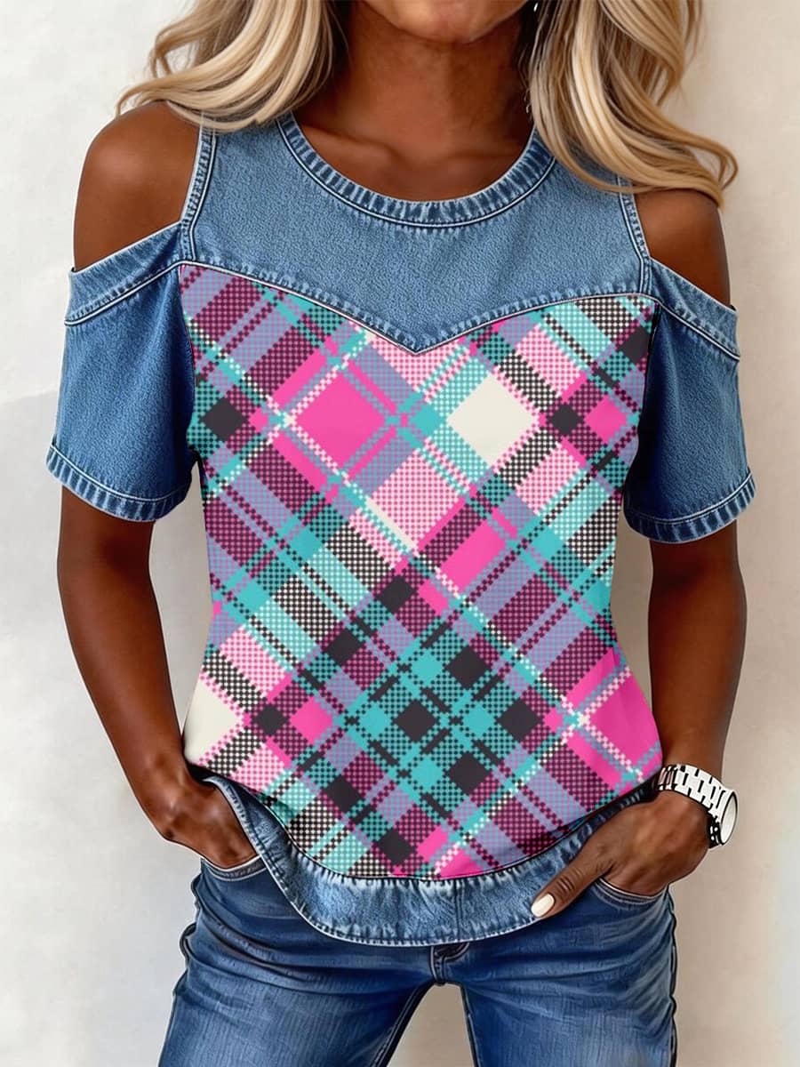 Women's Vintage Plaid Print Denim Patchwork Top gracestitchs