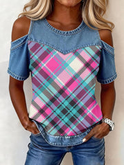 Women's Vintage Plaid Print Denim Patchwork Top gracestitchs