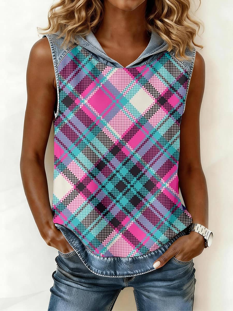 Women's Vintage Plaid Print Denim Patchwork Hooded Top gracestitchs