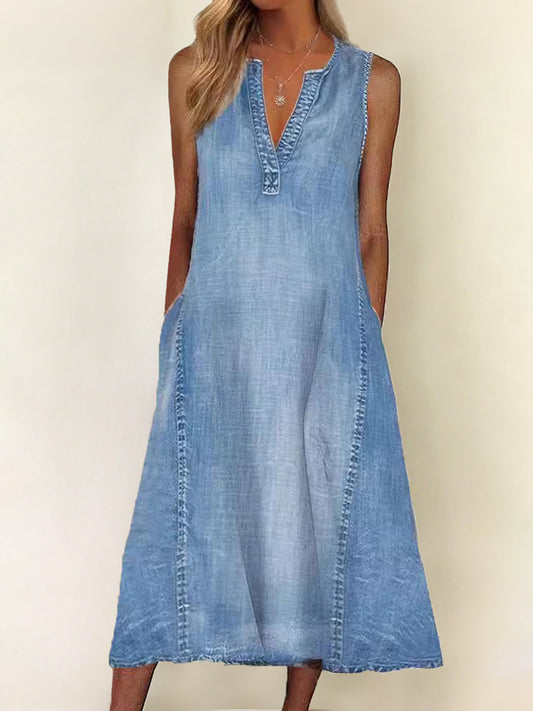 Women's Casual Elegant Sleeveless V-Neck Denim Dress gracestitchs
