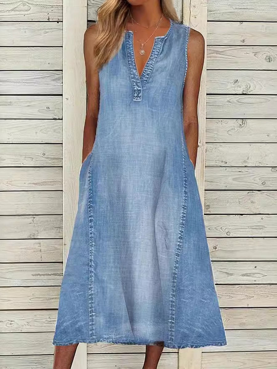 Women's Casual Elegant Sleeveless V-Neck Denim Dress gracestitchs