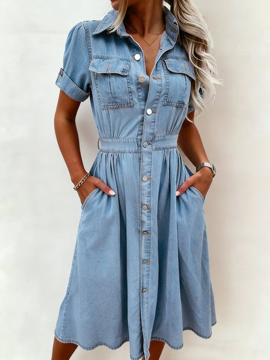 Women's Casual Elegant Short-Sleeve Denim Dress gracestitchs
