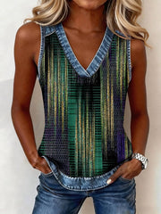 Women's Abstract Art Print Denim Patchwork Top gracestitchs