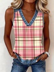 Women's Pink Plaid Pattern Denim Patchwork Top gracestitchs