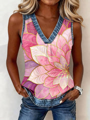 Women's Abstract Art Floral Pattern Denim Patchwork Top gracestitchs