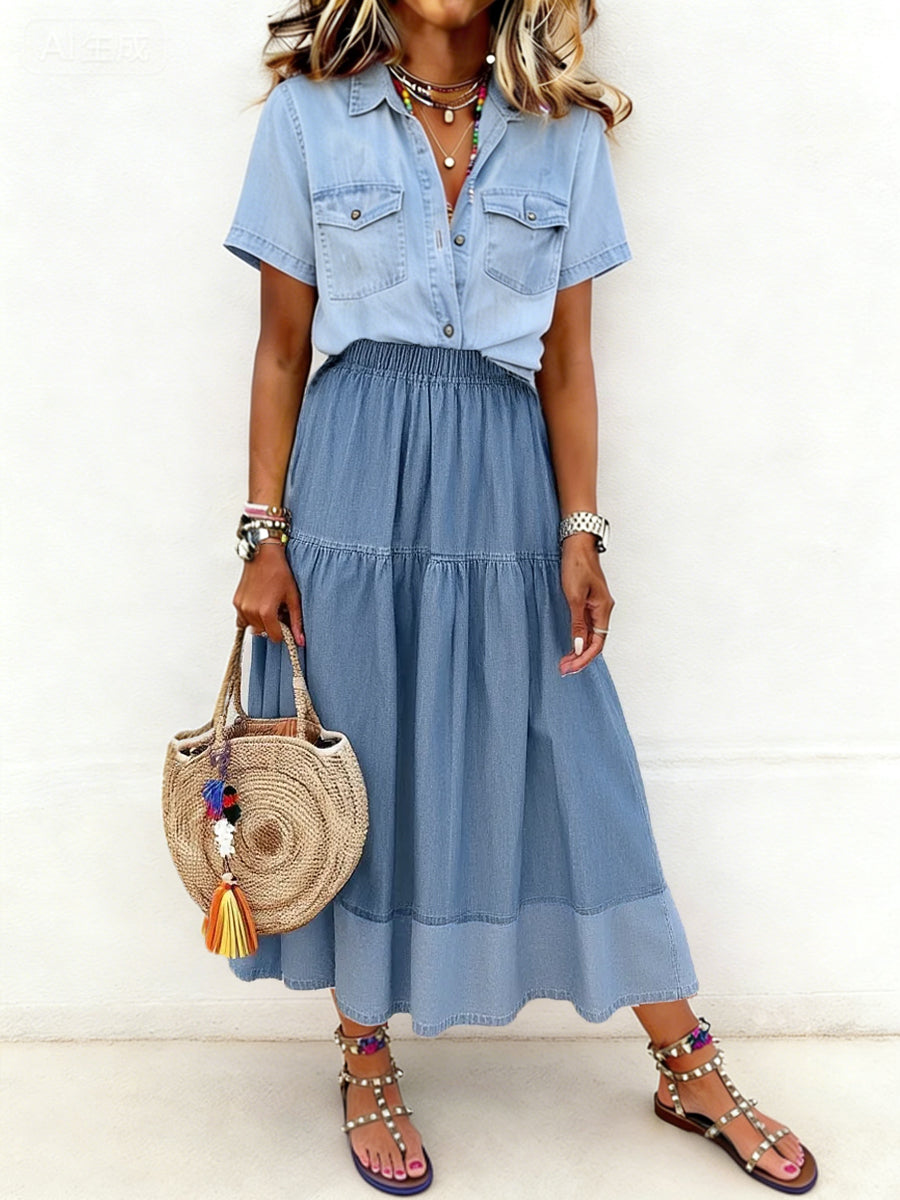 Women's Paneled Elastic Waist Denim Skirt gracestitchs