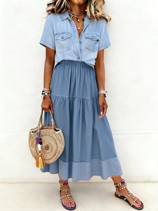 Women's Paneled Elastic Waist Denim Skirt gracestitchs