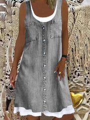 Women's Denim-Look Print Faux Two-Piece Dress gracestitchs