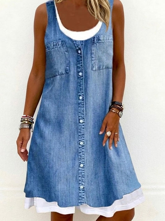 Women's Denim-Look Print Faux Two-Piece Dress gracestitchs